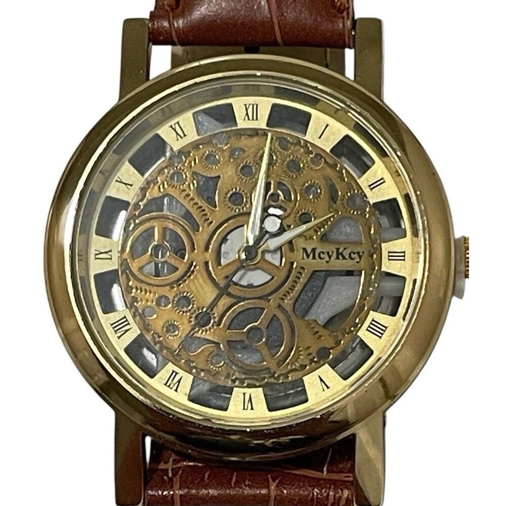 Men’s Wristwatch Gold Tone Skeleton Dial Leather Band Manual Wind Untested